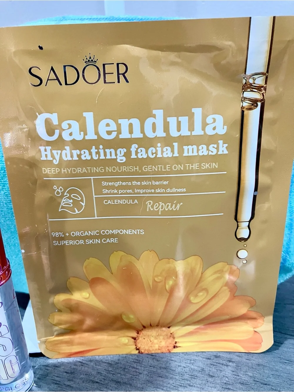 Makeup bag, SADOER Calendula Hydrating Facial Mask and lip gloss bundle